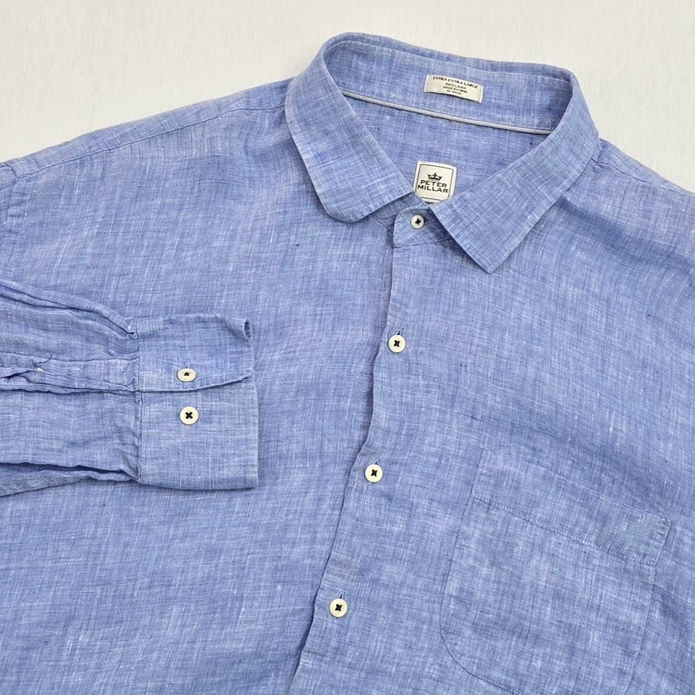Peter Millar Mens XXL Blue 100% Linen Button Down Shirt MS15W50CFL Long Sleeve